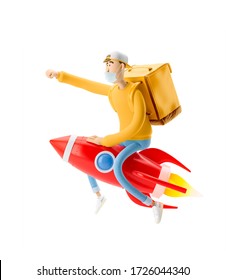 Delivery guy flies on a rocket with urgent order in medical mask and yellow uniform . 3d illustration. Cartoon character. Express delivery concept.
