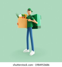 Delivery Guy With Grocery Bag In Green Uniform Stands With The Big Bag. 3d Illustration. Cartoon Character.