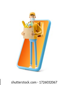 Delivery Guy With Grocery Bag In Medical Mask Stands With Big Phone. 3d Illustration. Cartoon Character. Express Online Delivery Concept.