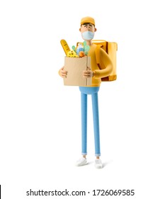 Delivery Guy With Grocery Bag In Medical Mask And Yellow Uniform Stands With The Big Bag. 3d Illustration. Cartoon Character. Safe Delivery Concept