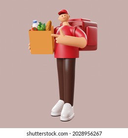 Delivery Guy With Grocery Bag In Red Uniform Stands With The Big Bag. 3d Illustration. Cartoon Character