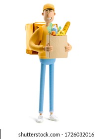 Delivery guy with grocery bag in yellow uniform stands with the big bag. 3d illustration. Cartoon character. 