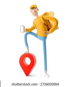 Delivery Guy Holding A Phone In Yellow Uniform Stands With The Big Bag And A Red Pin. 3d Illustration. Cartoon Character. 