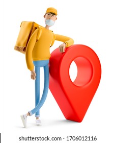 Delivery guy in medical mask and yellow uniform stands with the big bag and a red pin. 3d illustration. Cartoon character. Safe delivery concept.