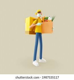 Delivery Guy In Medical Mask And In Yellow Uniform Stands With Big Grocery Bag. 3d Illustration. Cartoon Character.