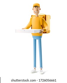 Delivery Guy With Pizza In Yellow Uniform Stands With The Big Bag. 3d Illustration. Cartoon Character. 