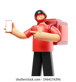 Delivery Guy In Red Uniform Stands With The Big Bag And Phone. 3D Illustration. Cartoon Character. Online Delivery Concept.