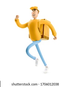 Delivery Guy Is Running To Take A Rush Order In Yellow Uniform Stands With The Big Bag. 3d Illustration. Cartoon Character. Express Delivery Concept.