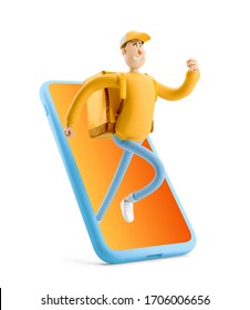 Delivery Guy In Yellow Uniform Stands With The Big Bag. 3d Illustration. Cartoon Character. Express Online Delivery Concept.