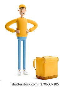 Delivery Guy In Yellow Uniform Stands With The Big Bag. 3d Illustration. Cartoon Character. Safe Delivery Concept.