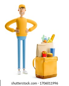 Delivery guy in and yellow uniform stands with grocery bag and fasfood. 3d illustration. Cartoon character. Safe delivery concept.