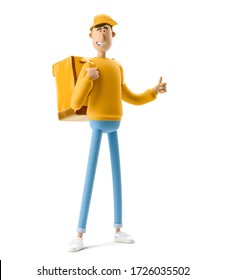 Delivery Guy In Yellow Uniform Stands With The Big Bag. 3d Illustration. Cartoon Character. 