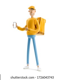 Delivery Guy In Yellow Uniform Stands With The Big Bag And Phone. 3d Illustration. Cartoon Character. Online Delivery Concept.