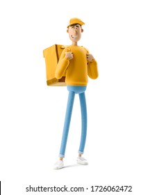 Delivery Guy In Yellow Uniform Stands With The Thermo Bag. 3d Illustration. Cartoon Character. 