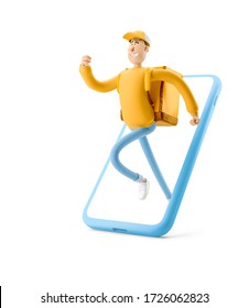 Delivery Guy In Yellow Uniform Stands With The Big Bag. 3d Illustration. Cartoon Character. Express Online Delivery Concept.