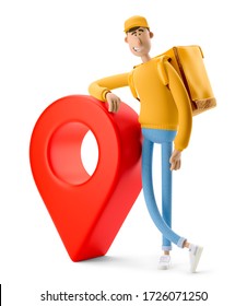 Delivery Guy In Yellow Uniform Stands With The Big Bag And A Red Pin. 3d Illustration. Cartoon Character. 