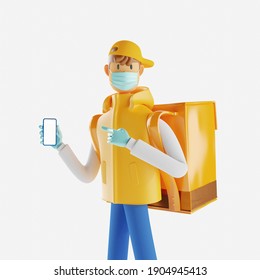 Delivery guy in yellow uniform stands with the big bag and phone. 3d illustration. Cartoon character. Online delivery concept.