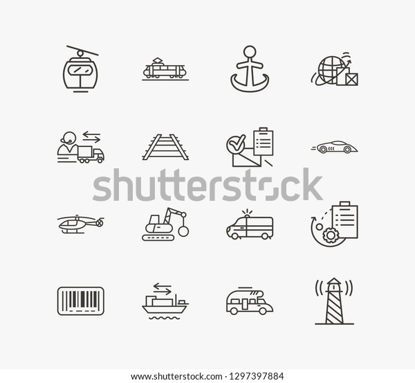 Delivery icon set and cable car with place order,\
logistics support and campervan. Wrecking ball related delivery\
icon  for web UI logo\
design.