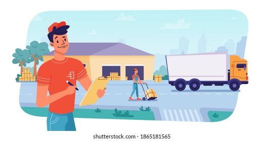 Delivery logistics at warehouse, parcels loading or unloading by workers to shipping truck, flat design. Delivery and shipment transport, cargo freight warehouse logistics of parcel boxes