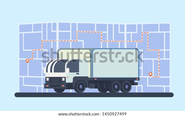Delivery lorry car with map,route transportation\
and geolocation marker. Truck for transportation. Logistics\
delivery\
service.