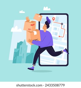 Delivery man carries a bunch of boxes. Mobile phone with map in the city. Flat illustration - Powered by Shutterstock