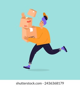 Delivery man carries a bunch of boxes. Flat illustration - Powered by Shutterstock