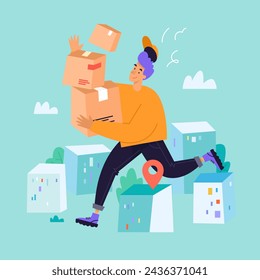 Delivery man carries a bunch of boxes. Flat illustration - Powered by Shutterstock