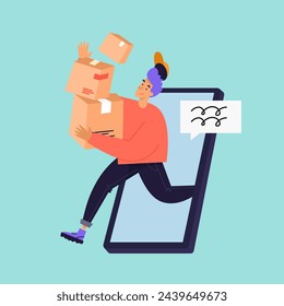 Delivery man carries a bunch of boxes. Flat illustration - Powered by Shutterstock