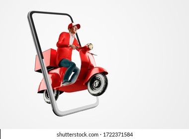 Delivery man driving scooter in logistic food service with smartphone app program. 3d Rendering.