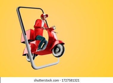 Delivery man driving scooter in logistic food service with smartphone app program. 3d Rendering. - Powered by Shutterstock