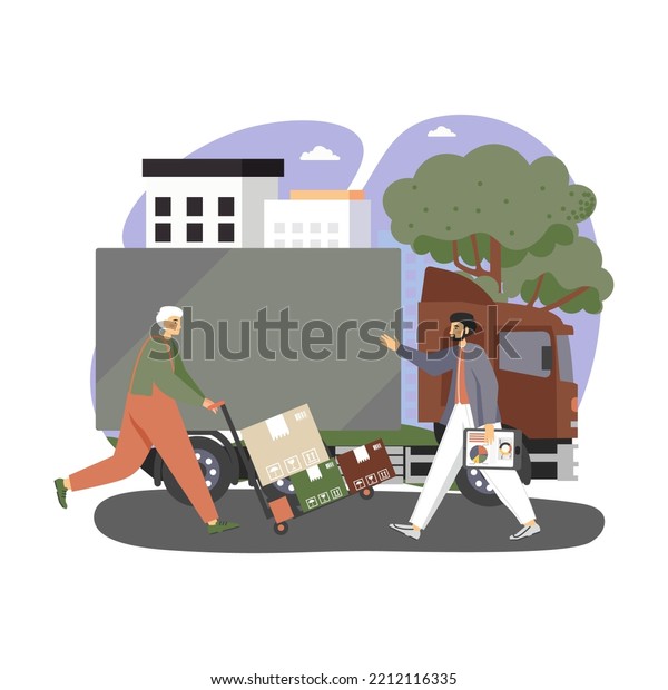 Delivery man, loader\
with hand truck full of parcels, cardboard boxes, delivery van,\
flat illustration. Shipping, logistics, transportation services\
concept.