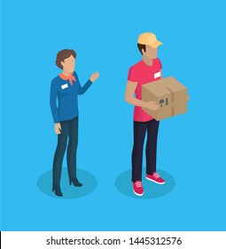 Delivery Man And Manager Woman With Name Badge On Jacket. Lady With Greeting Gesture And Deliverer Holding Parcel Carton Package 3d Isometric Raster