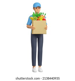 Delivery man with a package of food in his hands. A courier in uniform delivers an order from a grocery store. 3d illustration. - Powered by Shutterstock