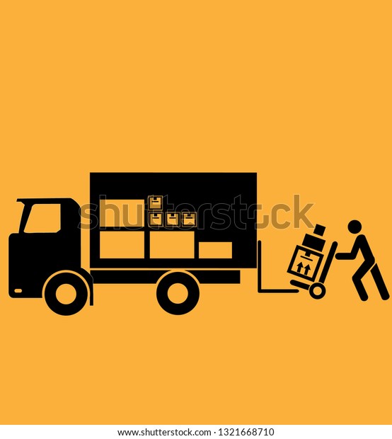 Delivery Man Pushing\
Hand Truck With\
Boxes