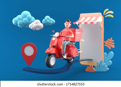 Delivery man with red scooter out of a mobile phone on a blue background.-3d rendering. - Powered by Shutterstock