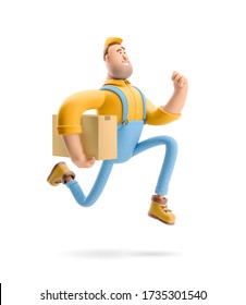 Delivery Man Runs With The Package In His Hands. 3d Illustration. Cartoon Character. Express Delivery Concept.