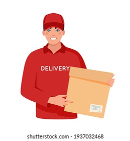 Delivery man. Smiling courier in red uniform holding a box. Flat illustration isolated on white background. - Powered by Shutterstock