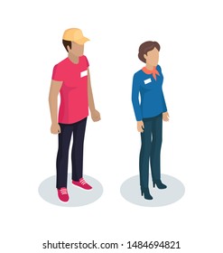 Delivery Man Standing With Manager Wearing Uniform Having Name Badge On Blue Jacket. Woman With Handkerchief On Neck 3d Isometric Isolated On Raster