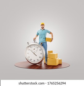 Delivery man with stopwatch timer holding cardboard box. Delivery and post concept. Unusual 3d illustration - Powered by Shutterstock