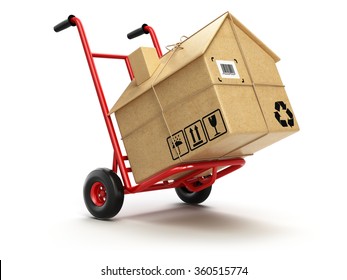 Delivery Or Moving House Concept. Hand Truck With Cardboard Box As Home Isolated On White. 3d