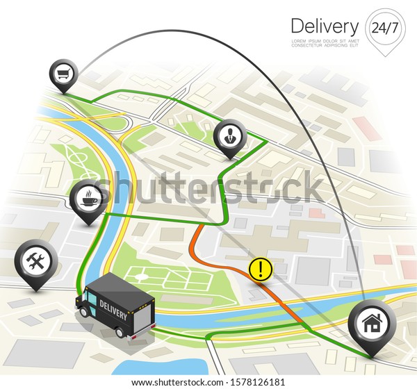 Delivery navigation route, City map point marker
isometric delivery van, schema itinerary delivery car, city plan
GPS navigation itinerary destination arrow city map Route check
point business
graphic