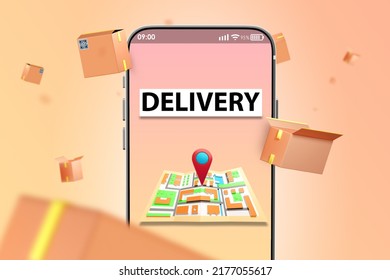 Delivery Offer. Phone Of Courier. Inscription Delivery Over City Map. Smartphone With Courier Application. Phone Delivery App. Open And Closed Parcels In Air. Postal Service App. 3d Rendering.