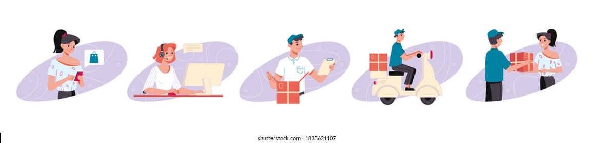 Delivery Online Orders And Logistics Process Icons, Flat Set. Online Internet Shop Order And Delivery Steps, Operator And Packing Parcel, Courier Delivering Box And Handling To Client At Home