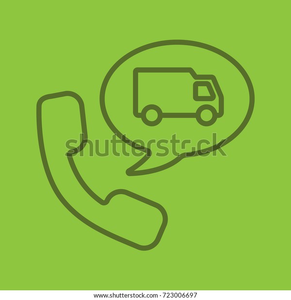 Delivery order by phone linear icon. Handset\
with delivery van inside speech bubble. Thin line outline symbols\
on color background. Raster\
illustration