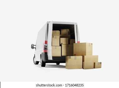 Delivery order service company transportation box business background with white van truck. 3d rendering.