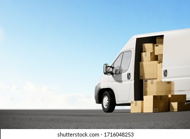 Delivery order service company transportation box business background with white van truck. 3d rendering.