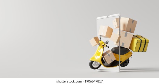 Delivery Scooter With Boxes On Smartphone. Online Delivery Service Concept. 3d Rendering