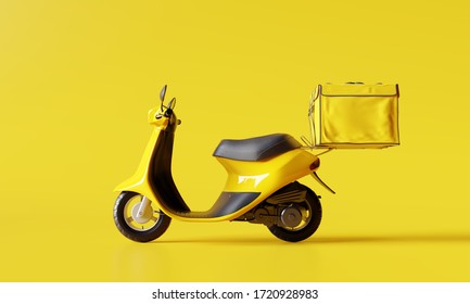 Delivery Scooter With Food Box On Yellow Background. Delivery Service Concept. 3d Rendering