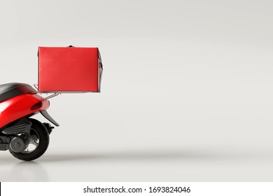 Delivery Scooter With Red Box On Bright White Background. Food Service Concept. 3d Rendering