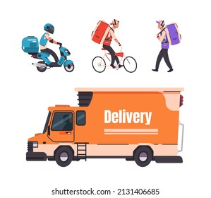 Delivery Service. Cartoon Walking Courier, On Bicycle, Scooter And Car, Online Food And Goods Delivery Service To Home And Office. Set